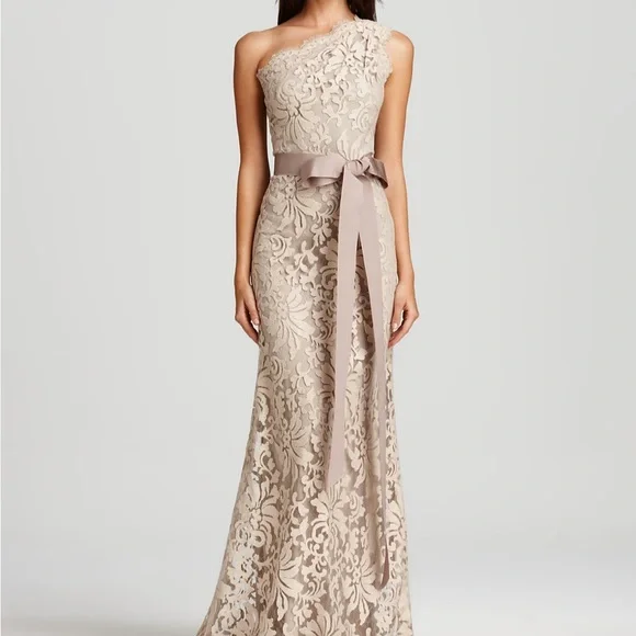 Tadashi Shoji One Shoulder Lace Dress in Cream - Picture 1 of 9